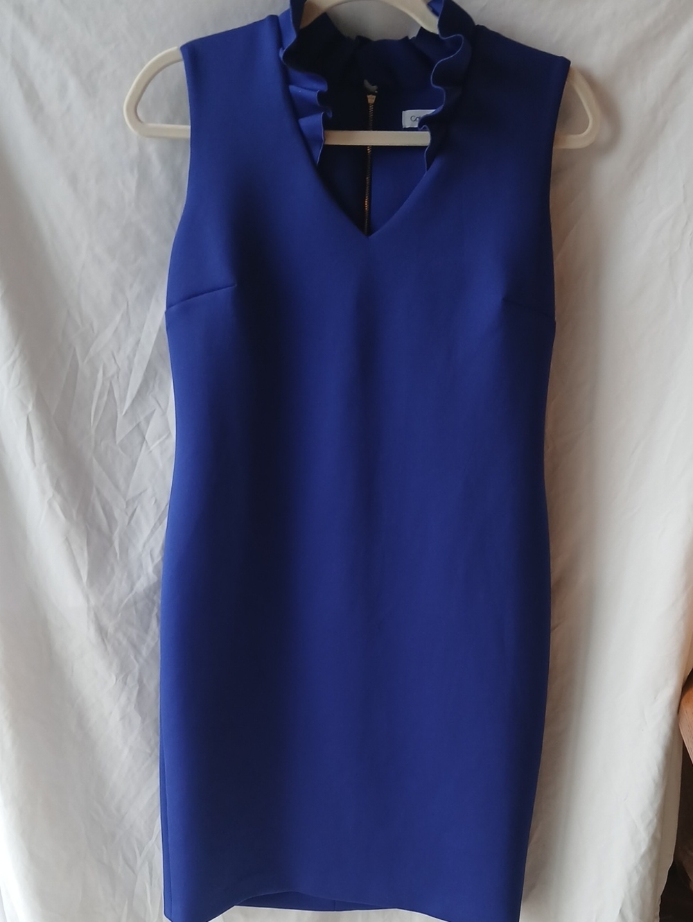 Calvin Klein Cobalt Blue Sleeveless Ruffle-collar Trim Sheath Dress